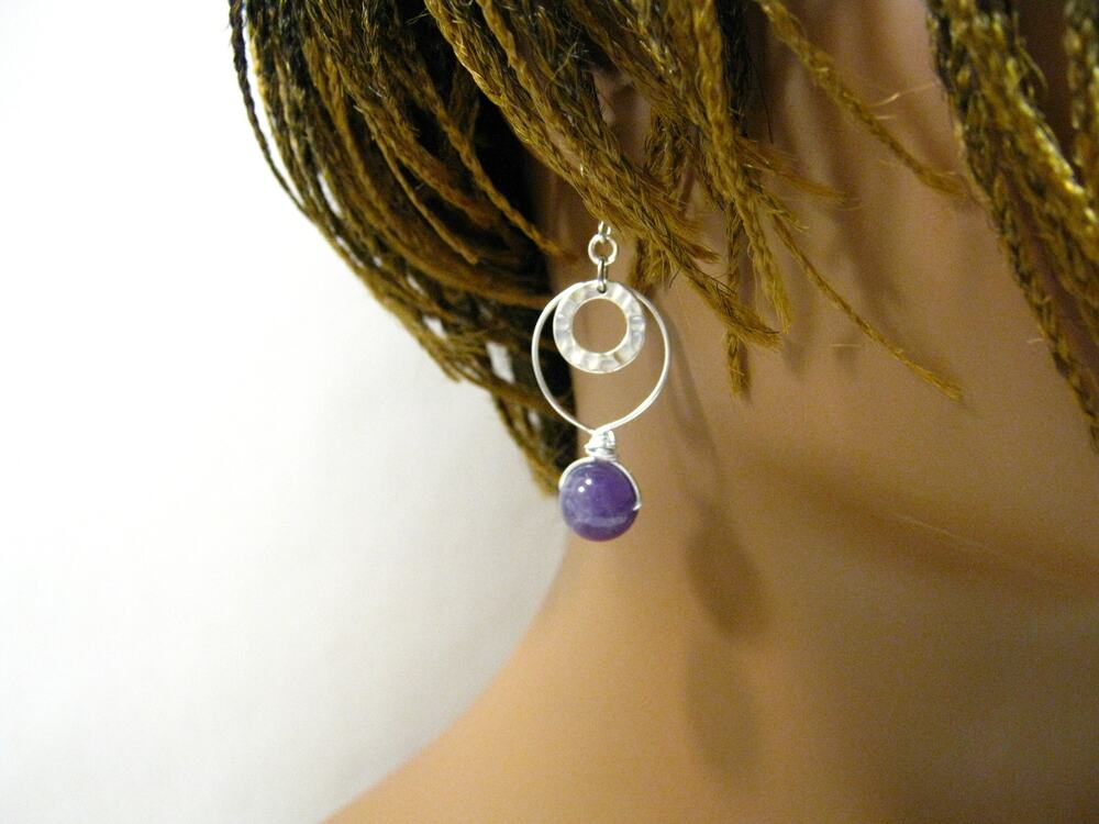 Handmade wired Amethyst Drop Hoop Earrings 1.5 inch long